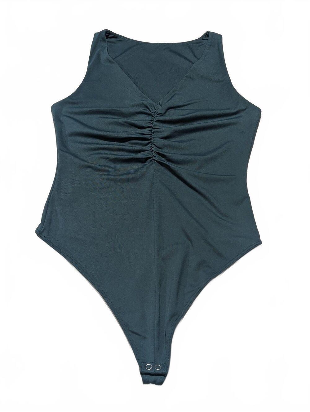 Ruched Front Sleeveless Stretchy Bodysuit Dark Green Size S/M (No Tags)
